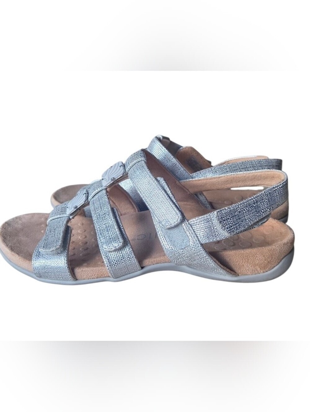 Vionic Amber Silver T-Strap Comfort Sandals with Crisscross Design Size 6